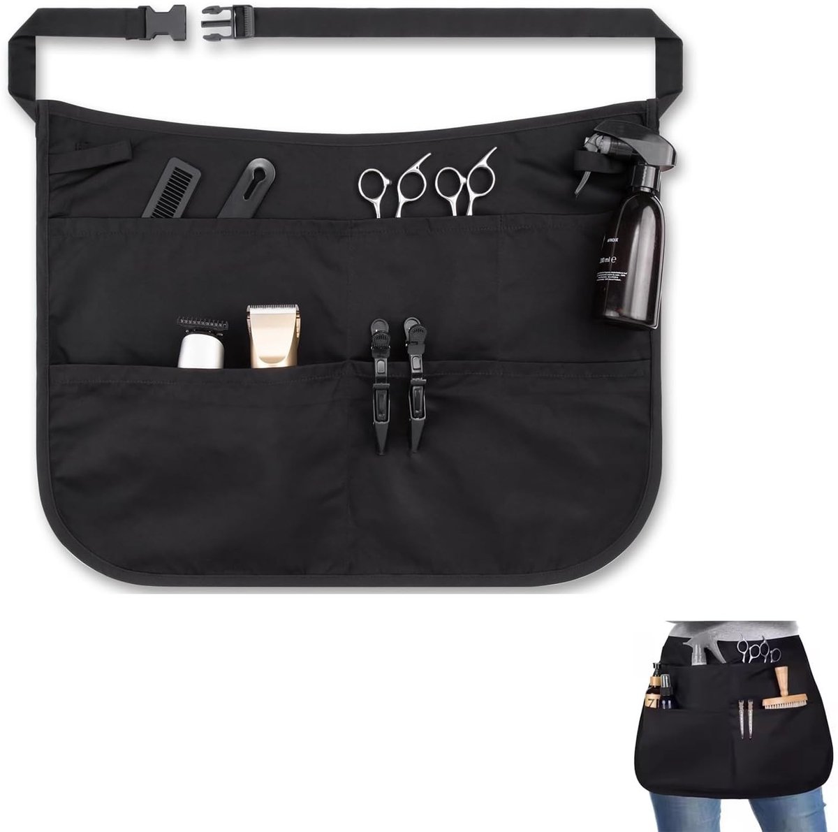 Dailygoods- Kappersschort met 4 zakken - Verstelbare riem - Haarbestendig - Bleekmiddelbestendig - Halve tailleschort - Korte lengte