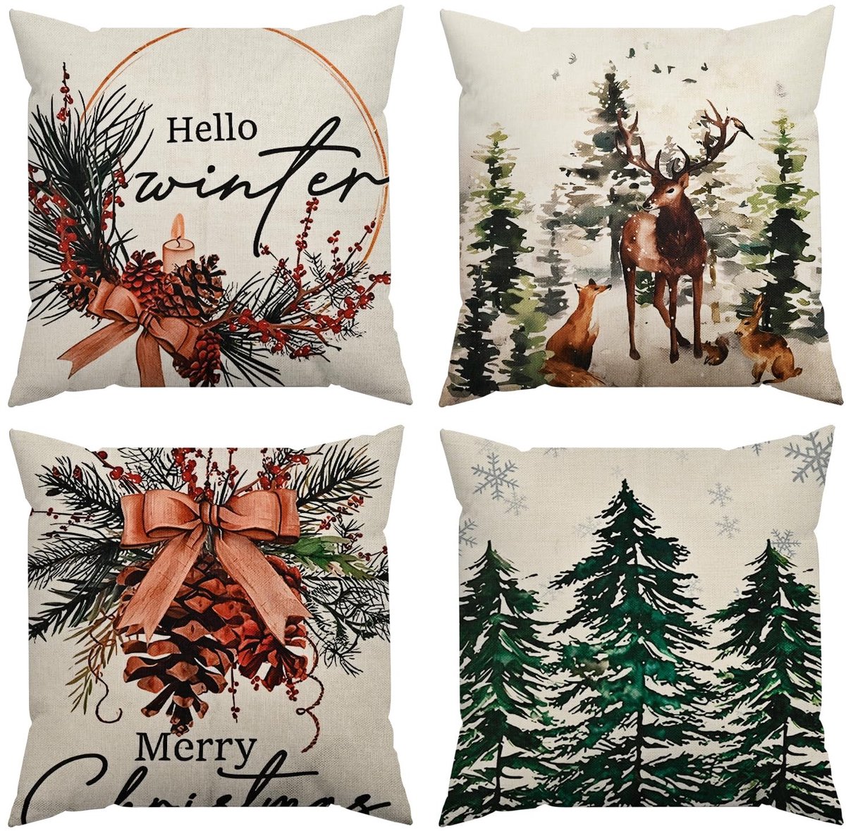 Dailygoods - Kerst Kussenhoezen Set van 4 – 45 x 45 cm Winterse Feestelijke Sierkussenhoezen voor de Feestdagen (18 x 18 IN - Combinatie 1)