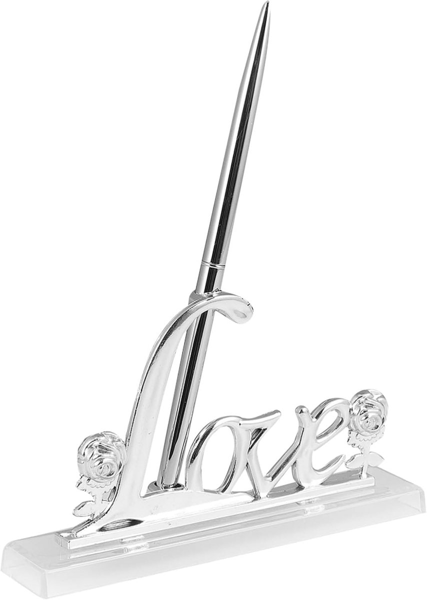 Signeerpen Met Standaard - Bruidspenhouder Ceremoniepen - Bruiloft Gastenboek - Gesimuleerde Roos Decoratie - 16.5 x 14 cm - Zilver