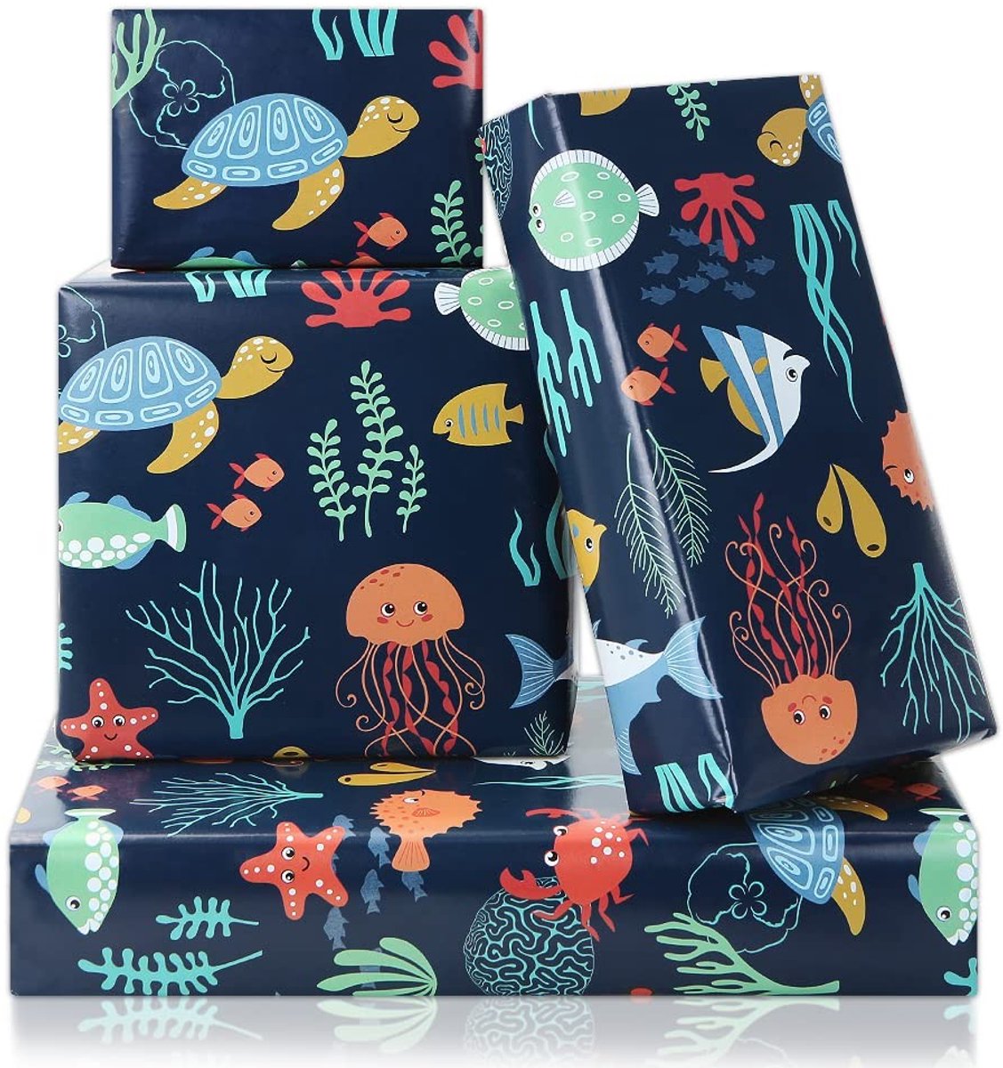 Dailygoods- Cadeaupapier met zeemotieven - 4 vellen - 50 x 70 cm - Geschikt voor verjaardag/babyshower - Zacht maar sterk - Ideaal voor knutselprojecten - Geschenkpapier