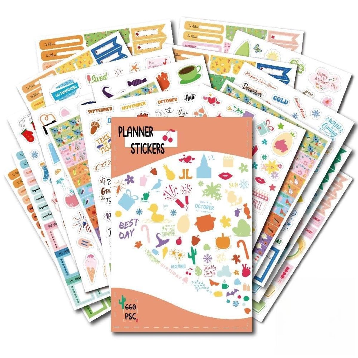 Dailygoods - 660 stuks kleine stickers voor planner, maandelijks, wekelijks, dagelijks, stickerset, 18 vellen, seizoensgebonden scrapbook-stickercollectie voor planner, journal, kalender, to-do-lijsten