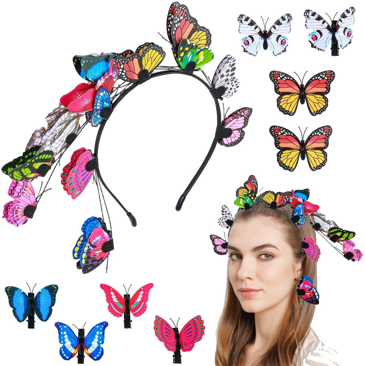 Dailygoods- Haaraccessoire Vlinder - Hoofdband - Haarband - Kostuum voor Kinderen - Carnaval - 8 Stuks Stickers - Blauw, PE/IJzer - Kostuumaccessoire