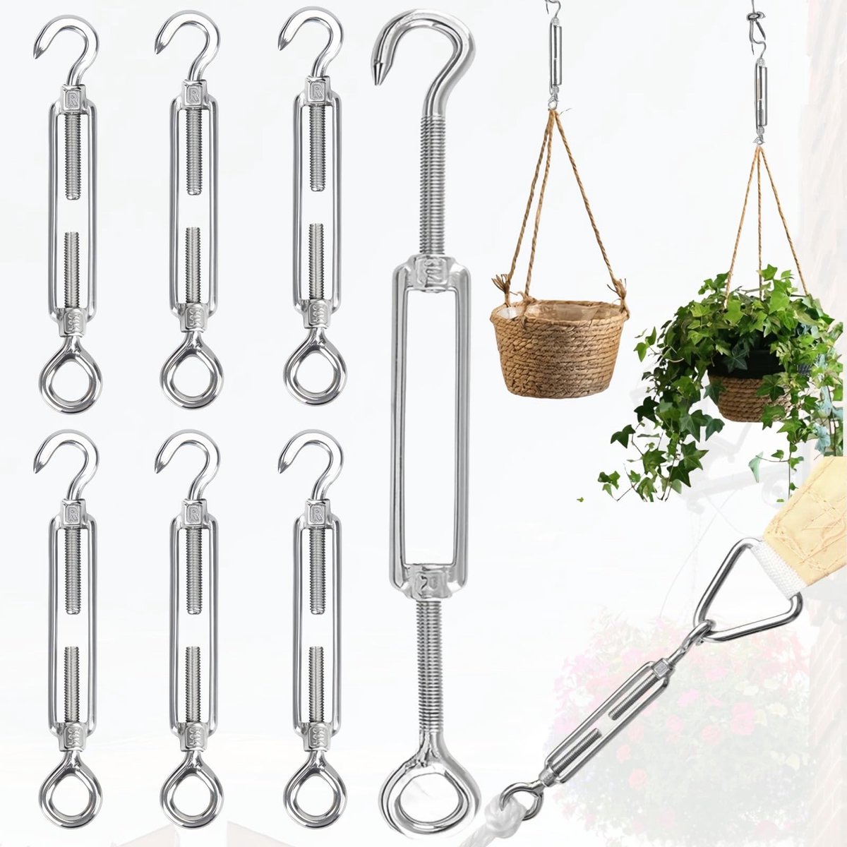 Dailygoods- Kabelspanners Set van 6 - Verstelbare Spanschroef - Stalen Spanschroef met Haak/Oogje - Maximaal Draagvermogen 50KG - Hoogwaardige Kwaliteit - Eenvoudige Installatie - Touwspanner