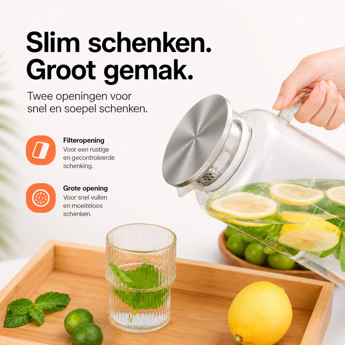 BOTC Karaf van glas - 2L - IJstheekan - Antislip - Siliconen bodem en nauwkeurige Schaalverdeling - voor Koelkast - Grijs — cadeau in Koken & Dineren - foto 4