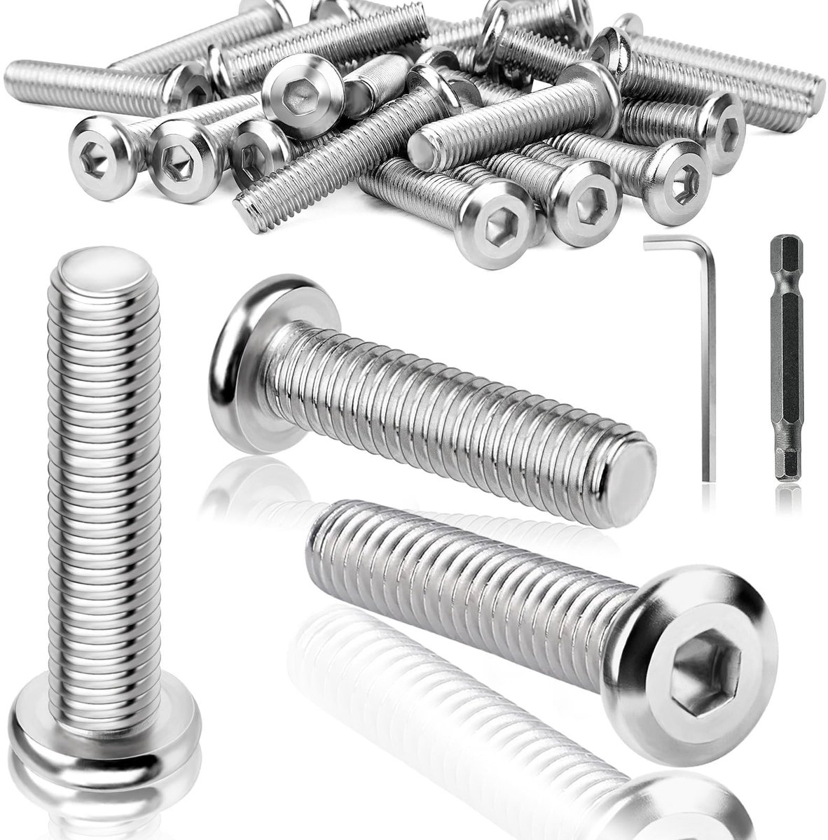 Dailygoods - 25 stuks M8 schroeven platte kopschroeven M8 x 40 mm roestvrij staal A2 lenskopschroeven volledige schroefdraad binnenzeskant met schroevendraaier bit moersleutel machineschroeven voor montage