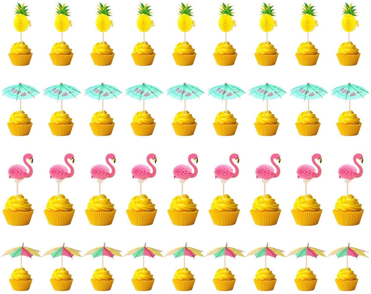 Dailygoods- Fruitspiesen 36 stuks - Flamingo/Ananas - Decoratieve Parapluspiesen - Taartdecoratie - Milieuvriendelijk Papier/Hout - 15 cm Hoog - Taartprikkers
