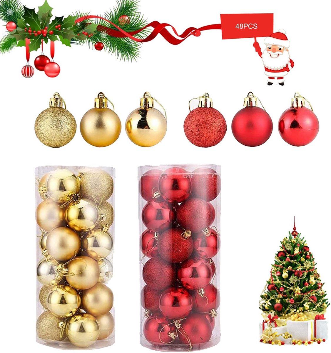 Dailygoods - Kerstballen, 48-delige set kerstballen van kunststof, kerstboomversiering, weerbestendig, 30 mm, rood en goud, kerstboomdecoratieset