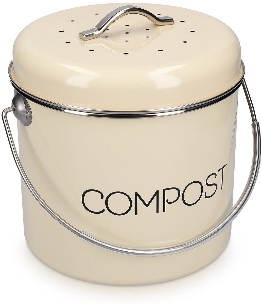 Compostbak Keuken 3L – Met Deksel en Koolstoffilters – Metalen GFT Afvalbak – Crème