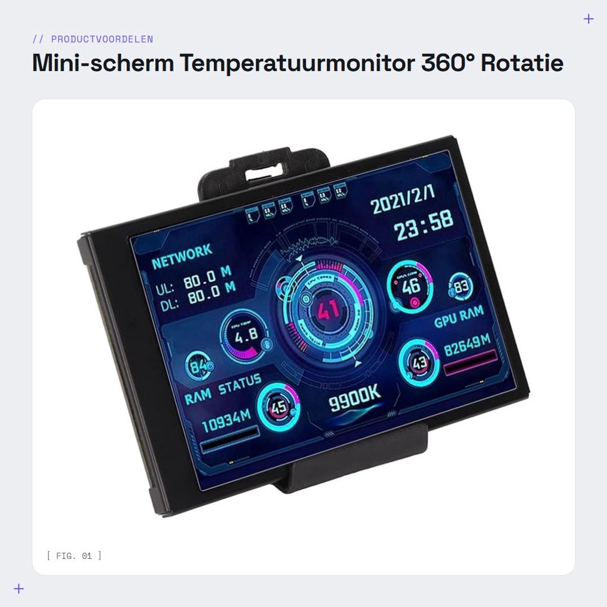 Dailygoods - Mini-scherm - Temperatuurmonitor - 360° Rotatie - Zwart - CPU GPU RAM-weergave - Informatieve weergave - Geschikt voor pc - Compact formaat