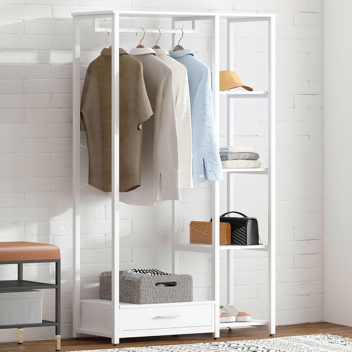 Kledingrek - Kapstok - Opbergen Kleding - Met Lade - 80x34x180cm - Wit