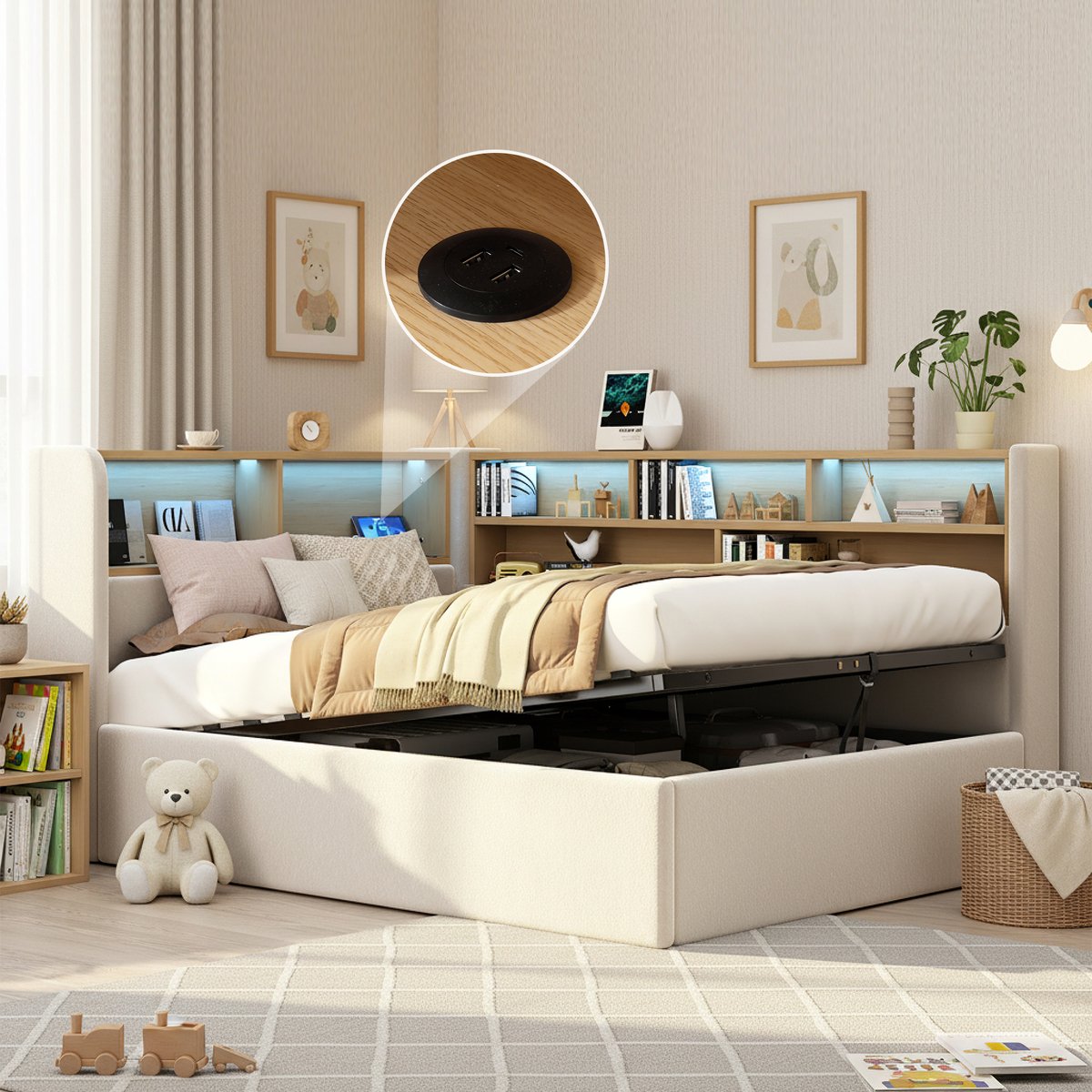 MEUNIQ bedbank 90x200 cm met hydraulische opbergruimte, LED, USB en Type-C, open vakken, rugleuning en lattenbodem, fluweel beige, voor kinderkamer