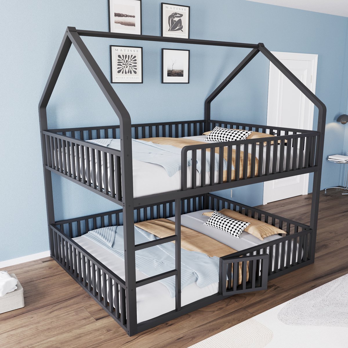 MEUNIQ metalen stapelbed 140x200 met huisvormig frame, ladder, veiligheidshekken en deur onderbed, zwart, voor kinderkamer of slaapkamer
