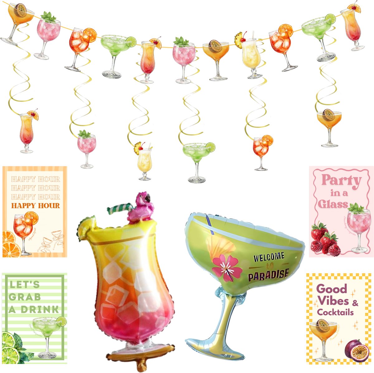 Cocktail Feestpakket met Ballonnen, Posters & Slingers – Tropische Feestversiering