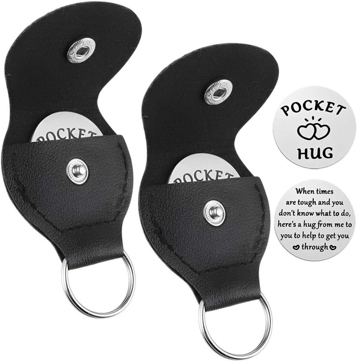 Pocket Hug geluksbrenger met zwart lederen etui - Bemoedigend cadeau voor examenfeest, afstuderen en verjaardag, perfect voor positieve vibes en geluk