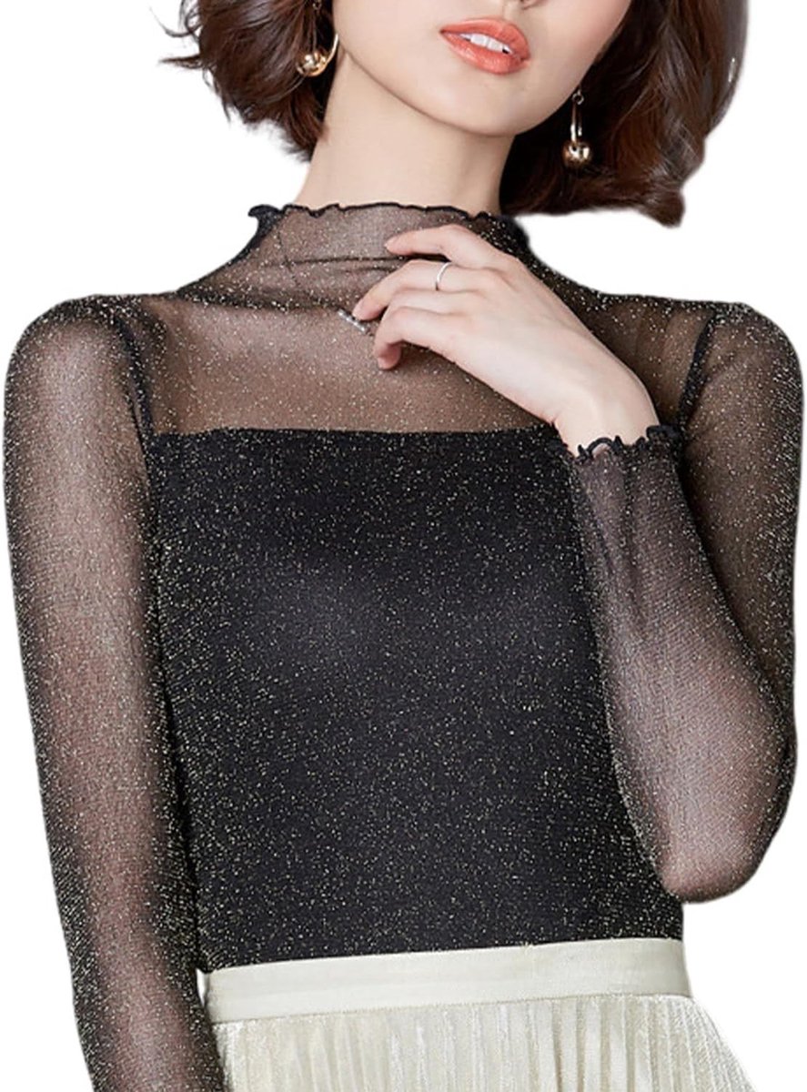 Zwart mesh shirt voor vrouwen, glinsterende tops met pailletten, transparante bovenkleding, modieuze mesh blouses en trendy glitter shirts