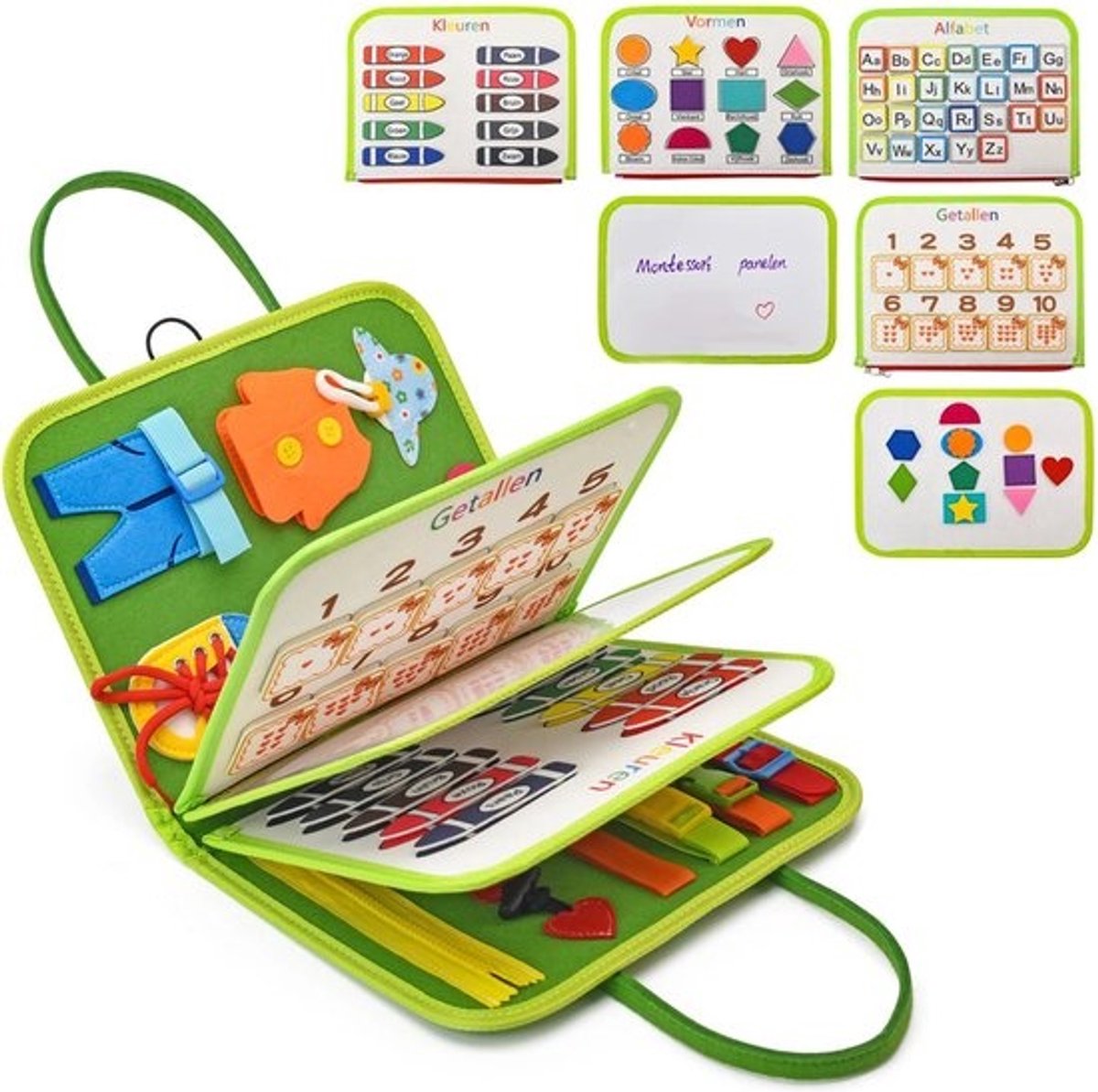 Montessori Activiteitenboek ‑ Busy Board - Felt Stoffen Leerboek voor Peuters, Educatief Motoriek Speelgoed, Leren Kleding Vastmaken, Kleuren, Dieren, Tellen, Voor Baby en Peuter 1‑6 Jaar Dierenwereld - Groen