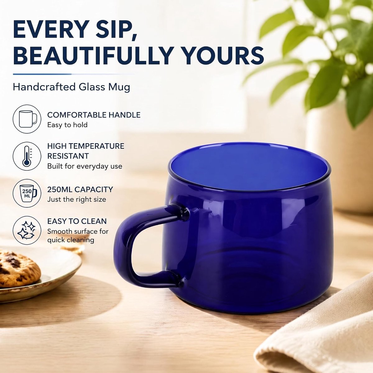 Elegante glazen mok van 250 ml, ideaal voor water, thee, latte en cappuccino, duurzaam en hittebestendig