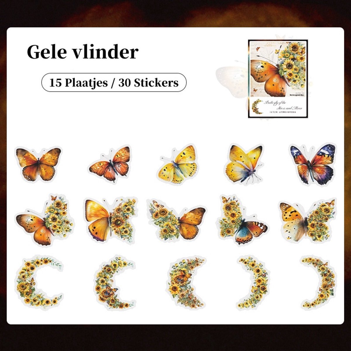 Casalora Vlinder Stickers – 30 Stuks (15 Designs) – DIY Decoratieve Sticker Set – Voor Scrapbook, Planner, Dagboek & Album – Geel Vlinder