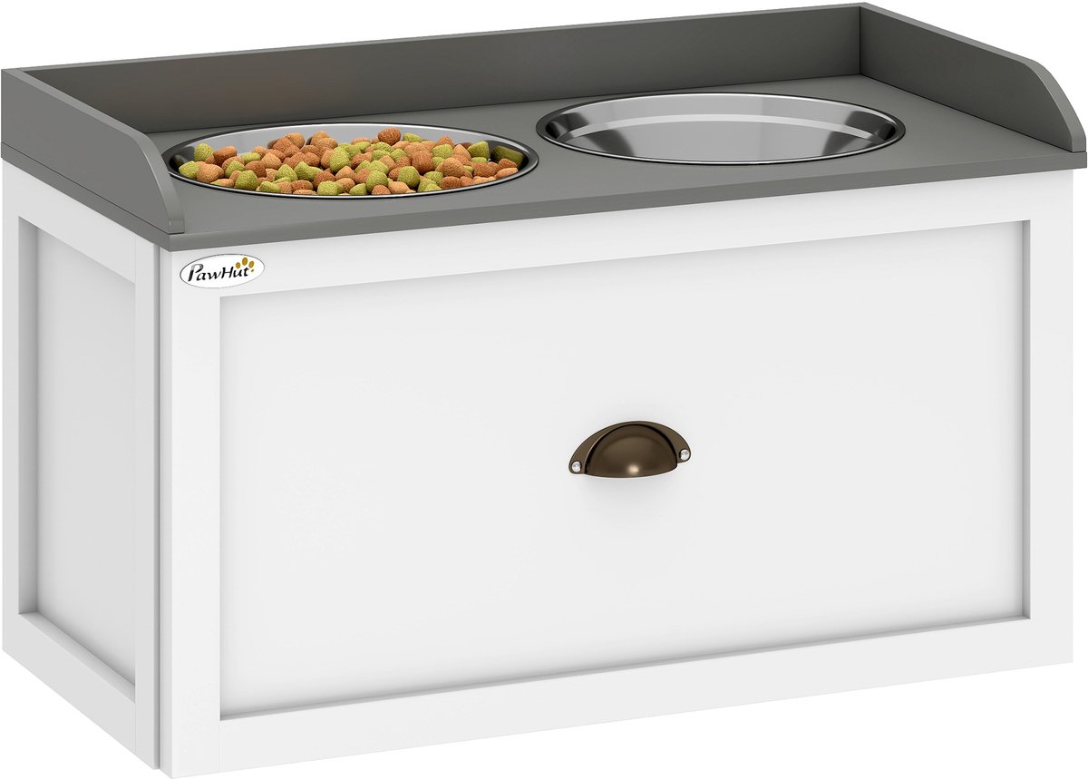 TEKROA® Verhoogde voerbakken - van roestvrij staal met een opberglade van 21 liter - voor grote honden en katten - 36H x 60L x 30Wcm - wit