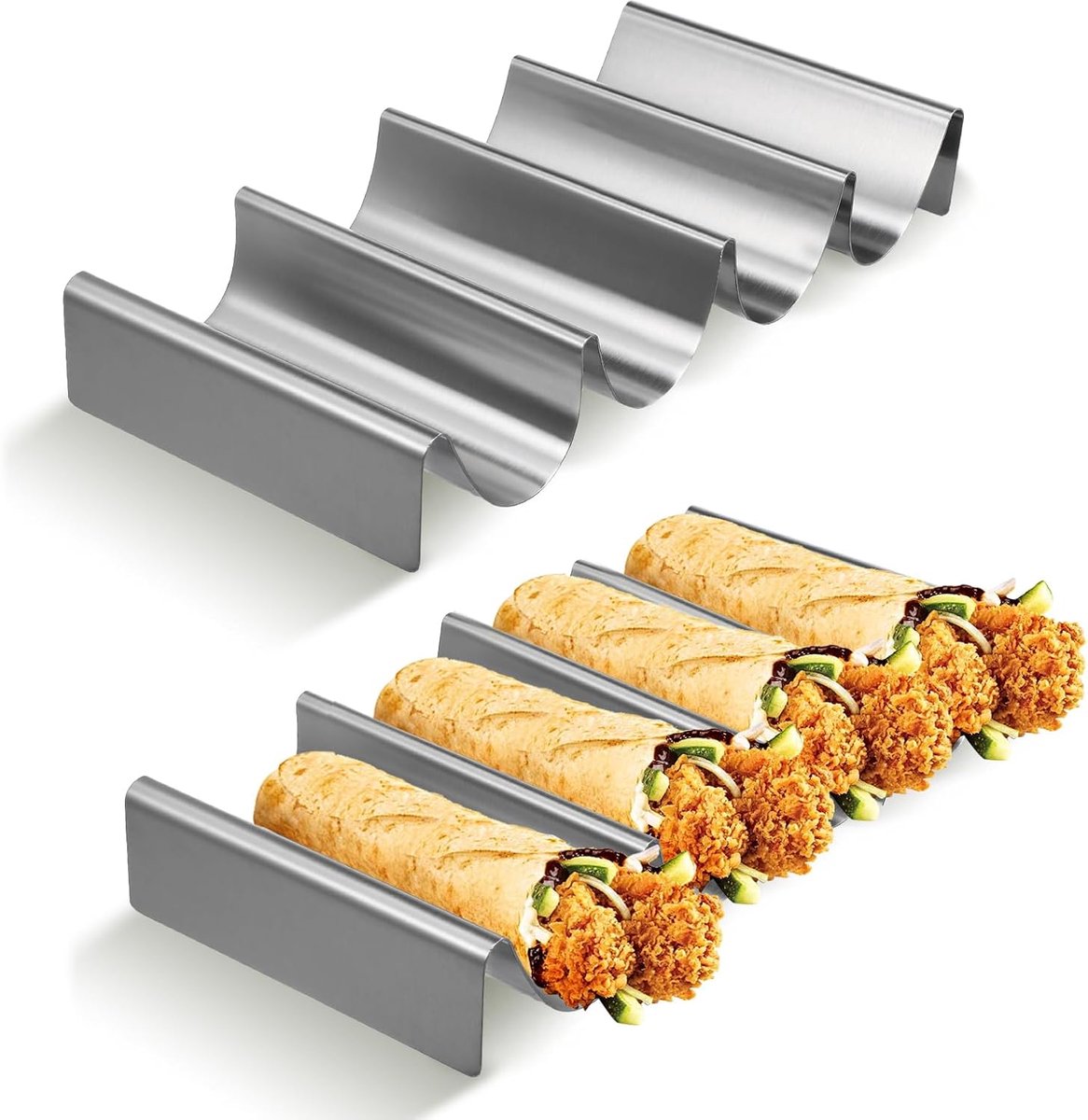 QTTVBTNA – 2 Stuks RVS Taco Houder – Taco- en Hotdogstandaard in Golfvorm – Houder voor Taco’s, Hotdogs, Tortilla’s, Sandwiches en Pannenkoeken