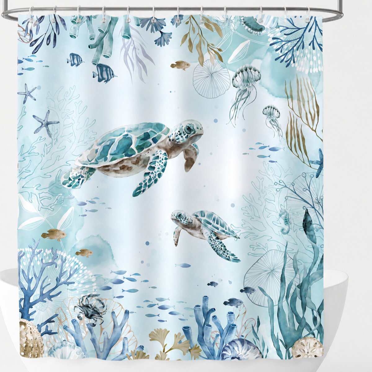 Douchegordijn Turtle Blue Ocean – 180 X 200 Cm – Douchegordijn – Schimmelwerend En Waterdicht – Sneldrogende Polyesterstof – Met 12 Haken