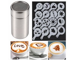 Chocolade Shaker met 16-delige Koffie Stencils Set voor Koffie Liefhebbers Decoreren Cappuccino Latte Warme Chocolade Cacao Cake Ontwerp Decoratie Duster