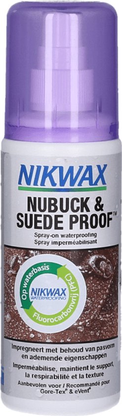 Nikwax Nubuck & Suede Proof sprayflacon met paarse dop, voor waterdicht maken van nubuck en suède.