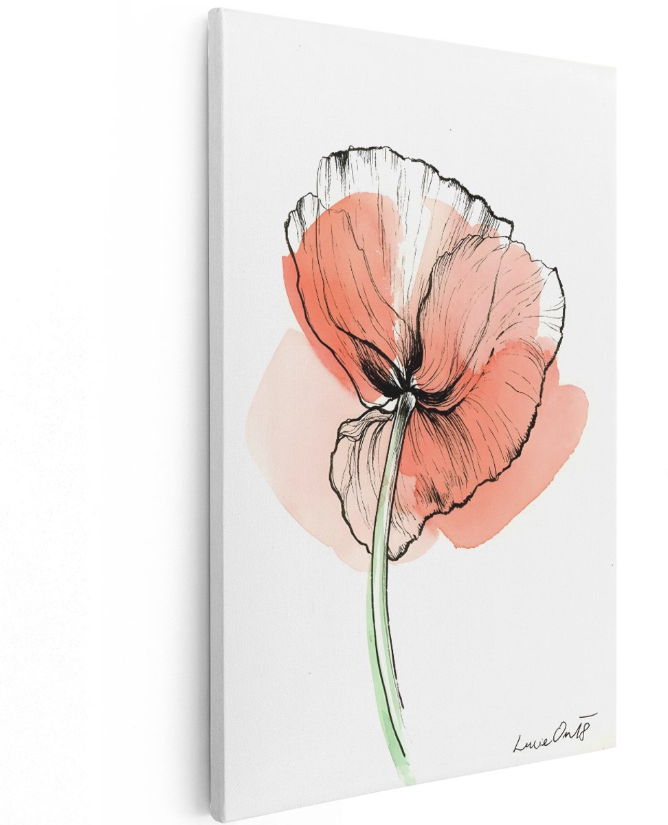 Artaza Canvas Schilderij Papaver - 100x150 cm - Groot - Wanddecoratie Bloemen - Muurdecoratie Line Art - Decoratie Aquarel Roze