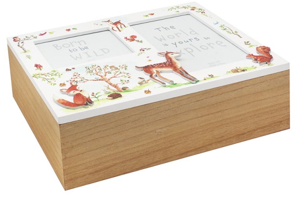 Cosy creations Bosvrienden Herinneringendoos 26 x 19 x 9 cm – Houten Memory Box voor Baby – Kraamcadeau & Babyshower Cadeau met Ruimte voor 2 Foto’s