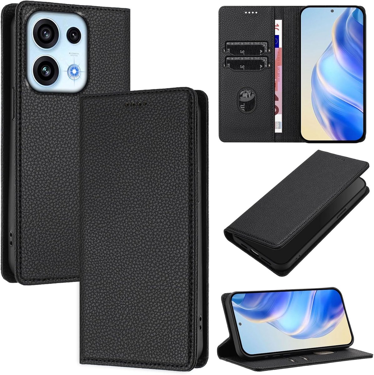 Zandarix Hoesje Geschikt voor Oppo Reno 16 Pro - Lederen portemonnee - Opvouwbare standaard - Magnetisch - Book Case Hoesje - Zwart