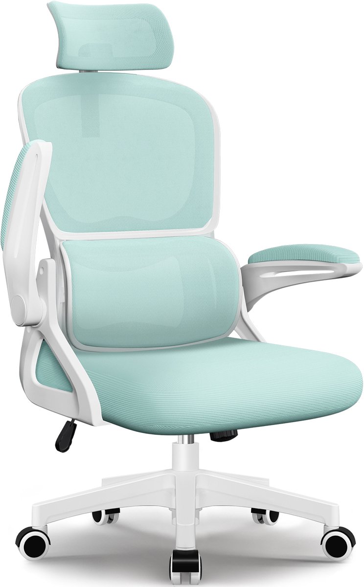 Fukstern Bureaustoel, Ergonomische Bureaustoel met Verstelbare Lendensteun en 2D Hoofdsteun – Bureaustoelen voor Volwassenen – Office Chair 135° Kantelbare Rugleuning – Belastbaar tot 150 kg – Verstelbare Armleuningen – Ademend Mesh – Cyaan