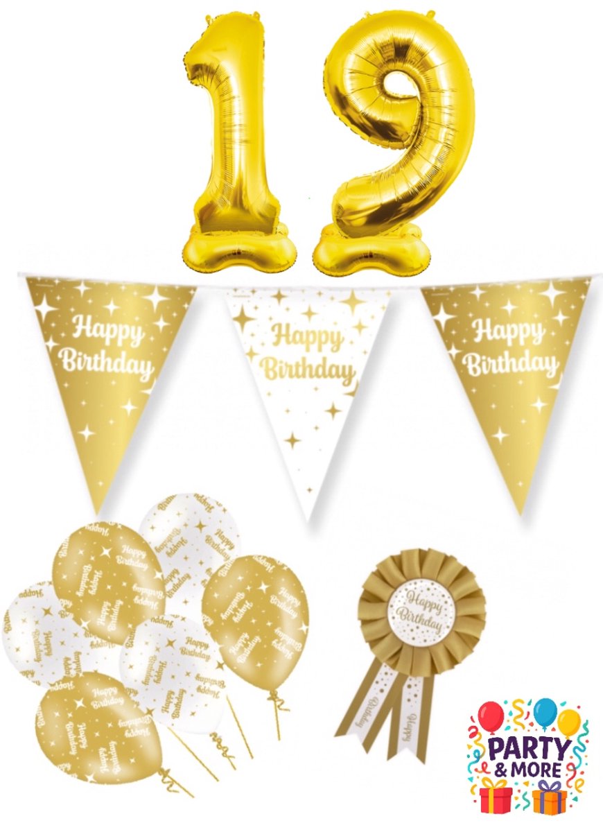 Party & More - 19 jaar - verjaardag versiering - ballonnen - slinger - cijferballon - Luxe Gouden Feestdecoratie Set – Compleet Pakket – versiering - verjaardag