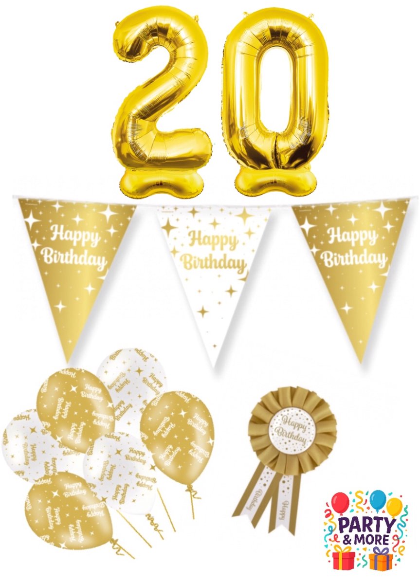 Party & More - 20 jaar - verjaardag versiering - ballonnen - slinger - cijferballon - Luxe Gouden Feestdecoratie Set – Compleet Pakket – versiering - verjaardag