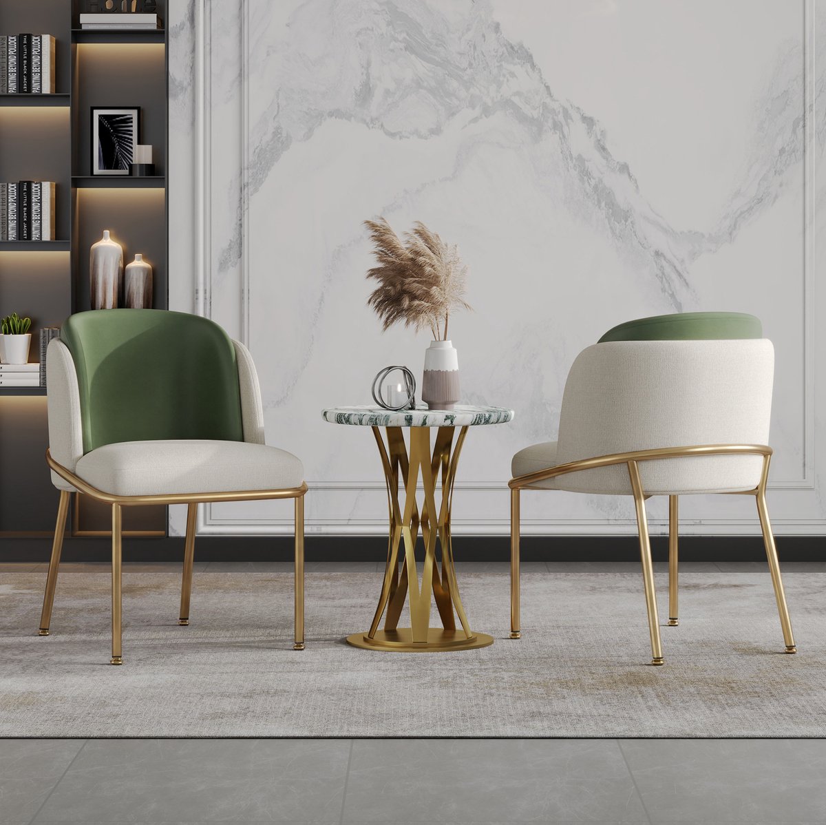 DESMIU Eetkamerstoel Set van 2 - Met Armleuningen En Verstelbare Voeten - Voor Eetkamer Woonkamer En Open Kantoor - Kunstleer Metaal - Groen Beige Goud