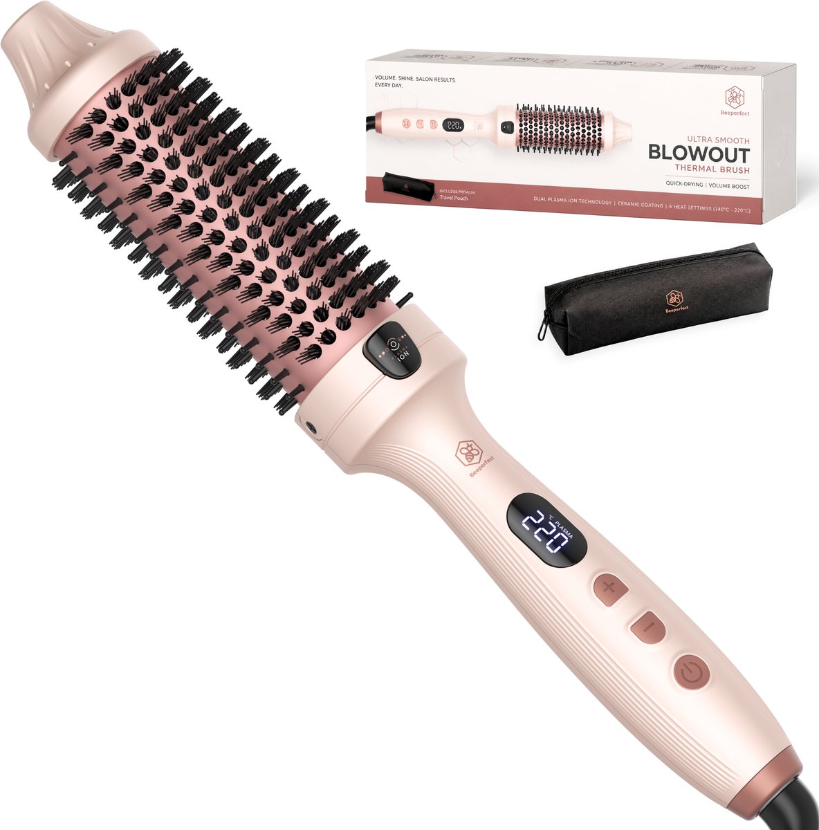 Beeperfect® Blowout Thermal Brush 38 mm - Keramische Warmteborstel - Ionische Krulborstel & Stijlborstel - Volume, Slag en Anti-Pluis - 6 Warmtestanden - Roze