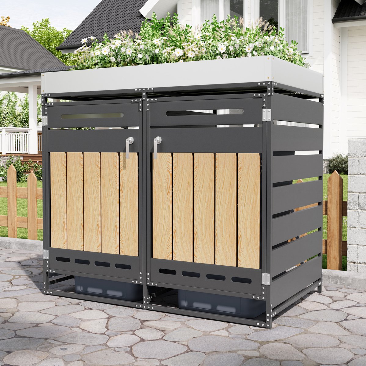 OKWISH Vuilnisbakkenberging Met Plantenbak Voor 2 Containers Met Slot En Ventilatie Voor Tuin En Buitenruimte Metaal Zwart