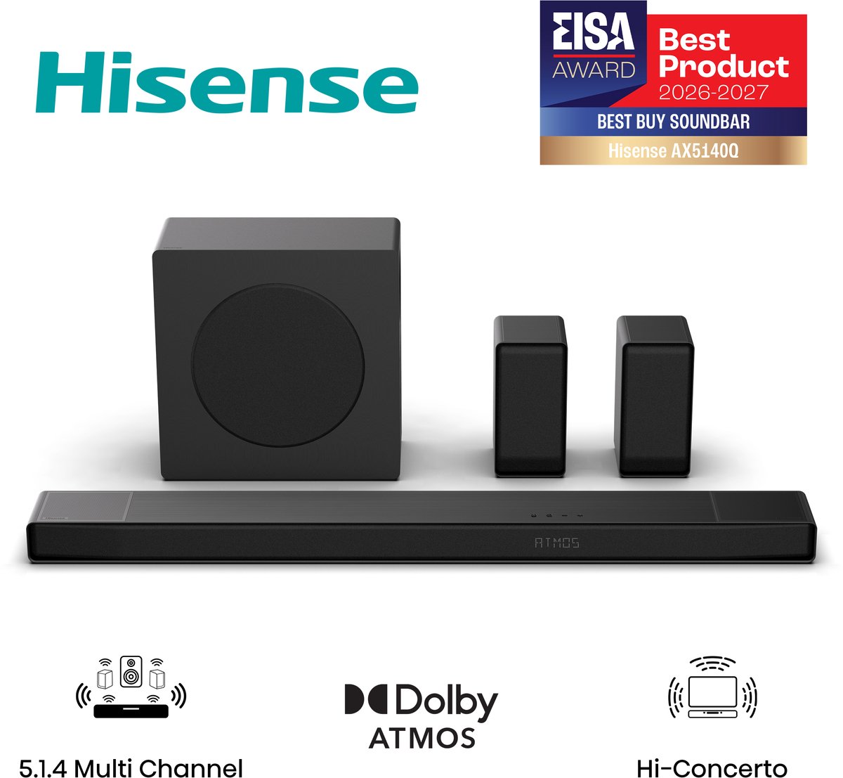 Hisense AX5140Q – Soundbar met draadloze subwoofer en draadloze surround speakers - 5.1.4 kanalen – 600W – Dolby Atmos