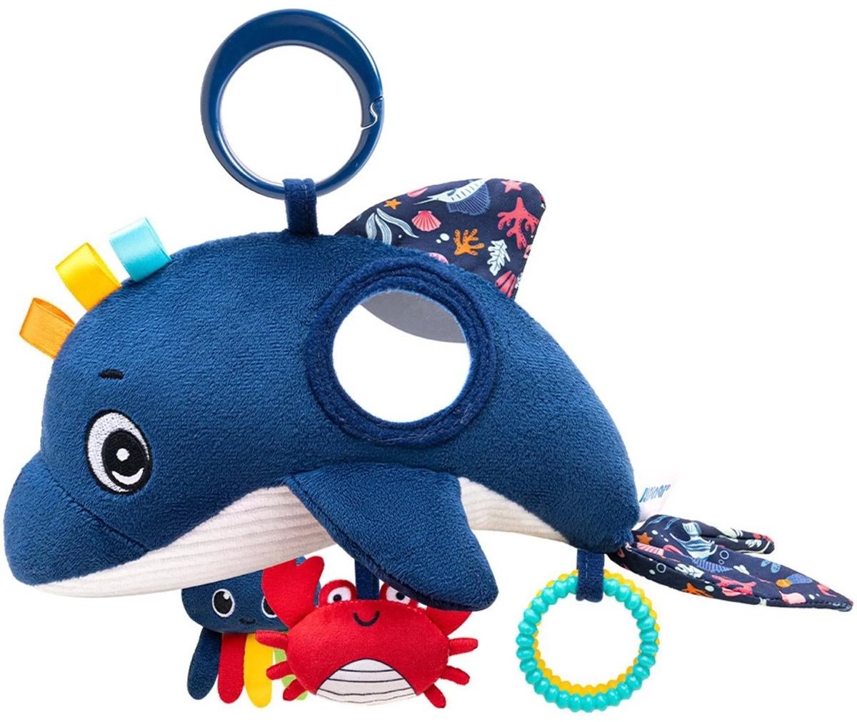 Babyspeelgoed - Sensorisch speelgoed - Dolfijn baby hangs speelgoed voor de kinderwagen | Sensorisch pluchen speelgoed met bijtring en rammelaar, ideaal voor reizen en spelen voor pasgeborenen, ter bevordering van de cognitieve ontwikkeling