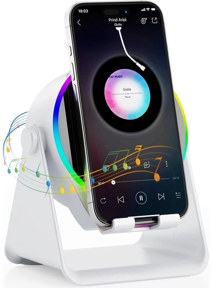 casalora - 5-in-1 Wireless Mini RGB Speaker - Telefoonhouder - Telefoonhouders Auto - Magnetisch - Bluetooth Speaker - Draadloze Oplader - Wireless charger - GSM Lader - 360° verstelbare houder voor iPhone/Android/iPad/Samsung - Cadeau