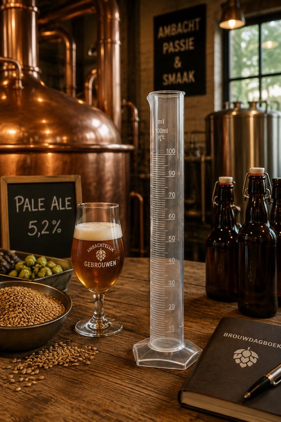 Maatcilinder van 100 ml op een houten tafel met koperen brouwapparatuur, hop, gerst, een glas bier en een brouwersdagboek.