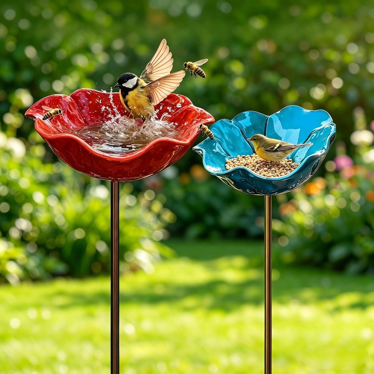Metalen Vogelbad en Voederstation voor Tuin, Winterbestendig Vogelbad voor Vogels, Bijen- en Vlinderdrinkbak voor een Bloeiende Tuin