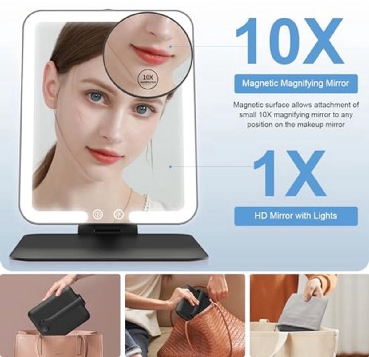 Draagbare make-up spiegel met verlichting en 10X vergroting - Compacte tafelblad spiegel met verstelbare standaard en 3 kleuren LED lichten