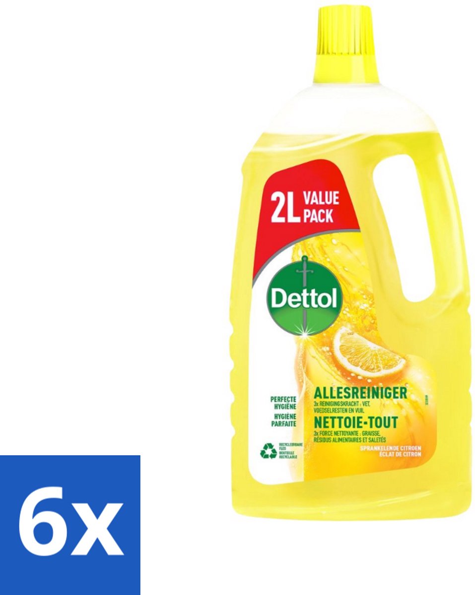 6 x Dettol - Allesreiniger - Sprankelende Citroen - Perfecte Hygiëne - 2L - Allesreiniger - Schoonmaakmiddel - Citroen - Hygiëne - Antibacterieel