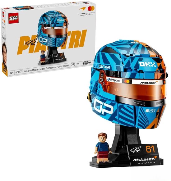 LEGO McLaren Oscar Piastri helm, met oranje/blauw patroon, vizier, 'OSCAR' en 'Dropbox' logo's.