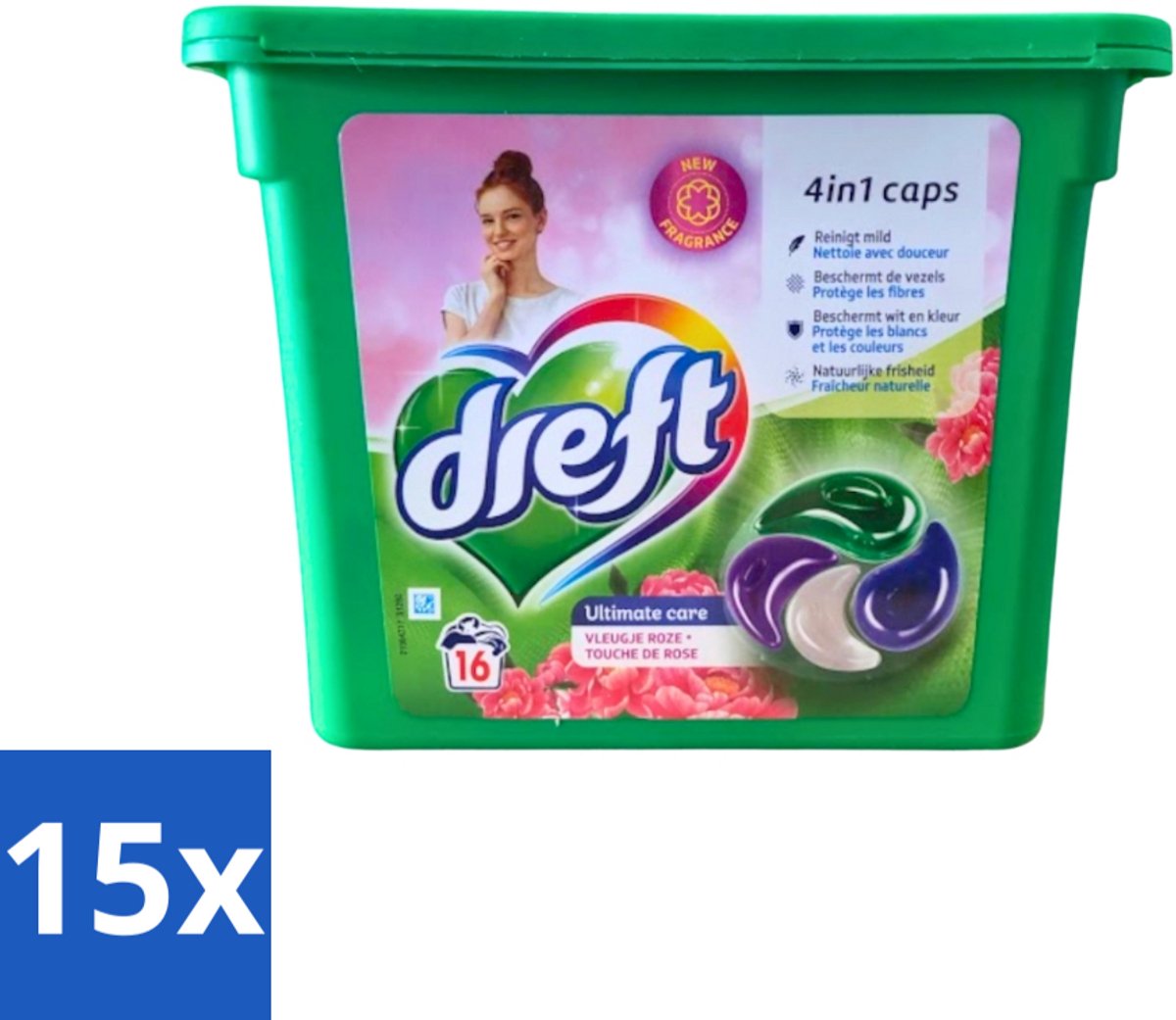 Dreft - Wasmiddelcapsules 4in1 - Witte en Gekleurde Was - Vleugje Roze - 16 Wasbeurten - Bulkverpakking - 15 stuks