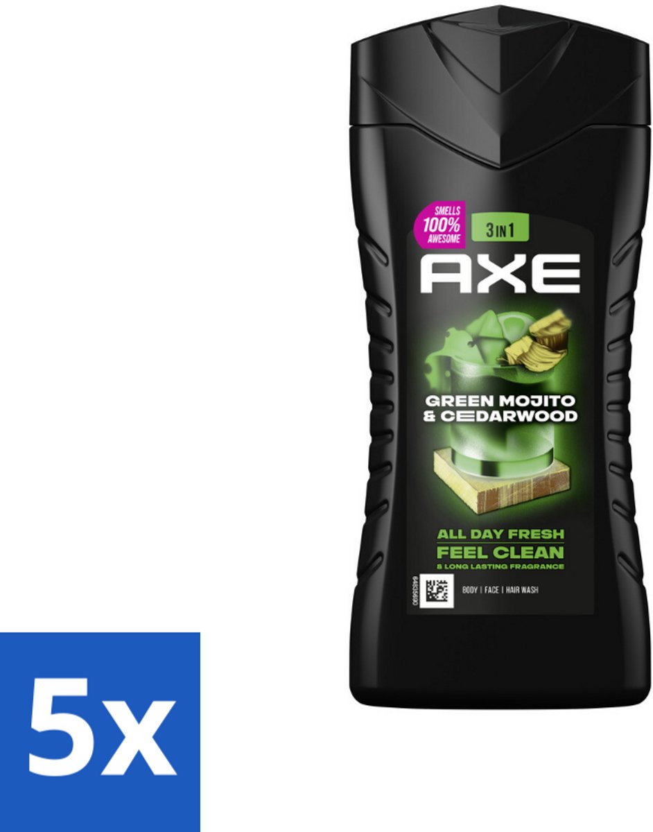 Axe - 3-in-1 Douchegel - Wild Mojito & Cedarwood - 12hrs Long Lasting Scent - 250 ml - Bulkverpakking - 5 stuks