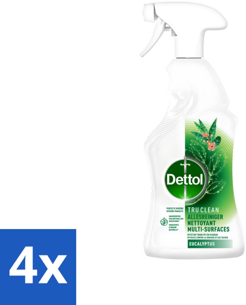 4 x Dettol Tru Clean - Allesreiniger - Spray - Eucalyptus - Multi-Oppervlakken - 500ml - Allesreiniger - Schoonmaakspray - Eucalyptus - Natuurlijke Ingrediënten - Vetvlekken