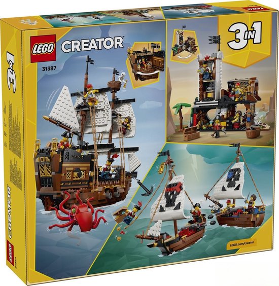 Boîte LEGO Creator 3en1 montrant un navire pirate, un fort pirate et deux plus petits navires.