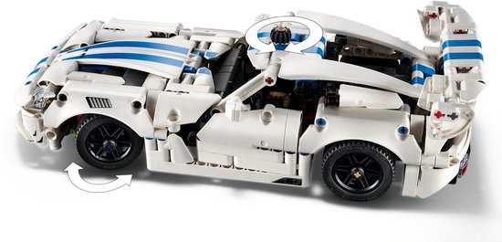 Witte LEGO Technic Dodge Viper GTS-R sportauto met blauwe strepen, openende deuren en detail van de motor.