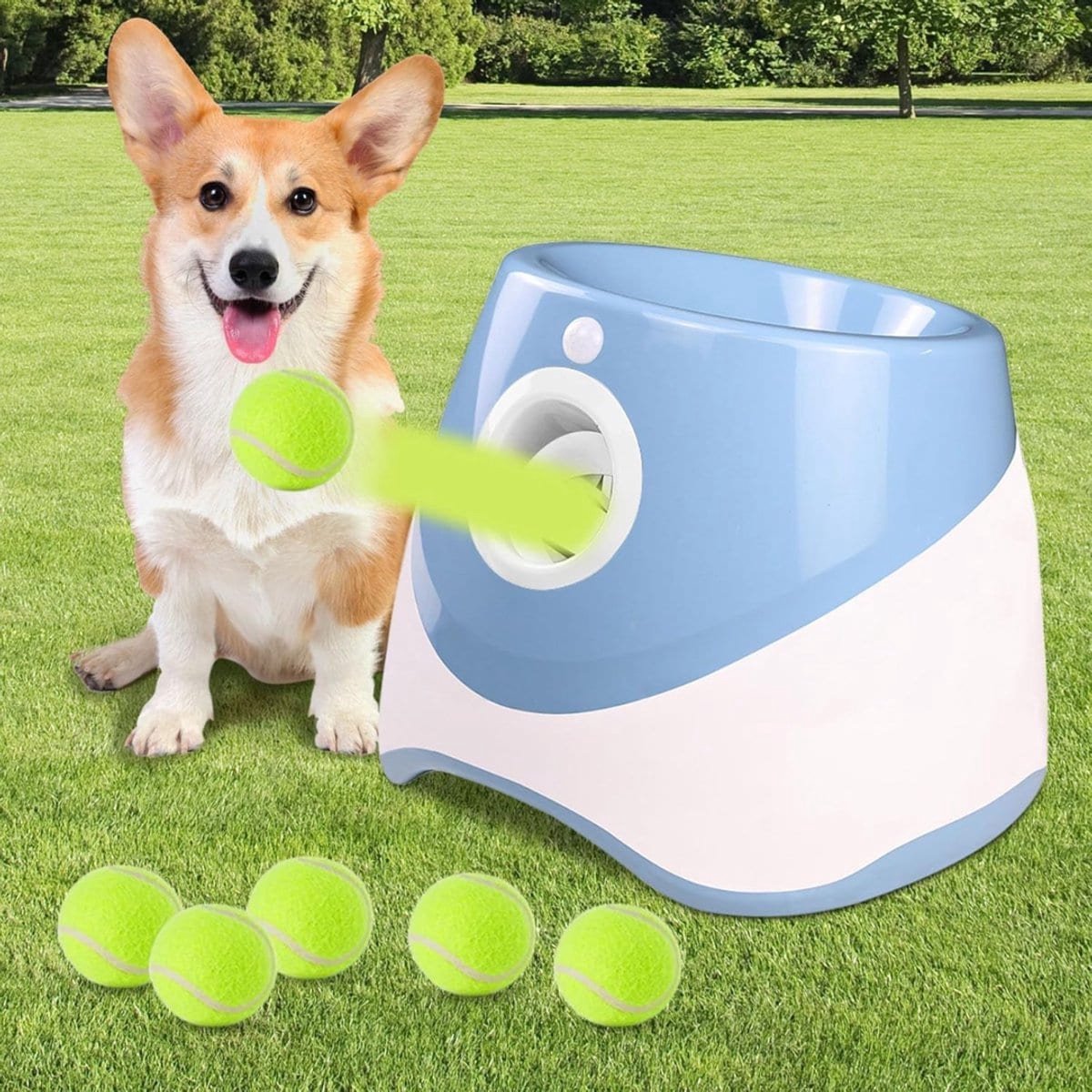 Klarven® Ballenwerper Voor Honden Blauw - Automatisch Werpsysteem - Inclusief 6 Tennisballen, Werpafstand 60-90 cm - Voor Kleine En Middelgrote Honden